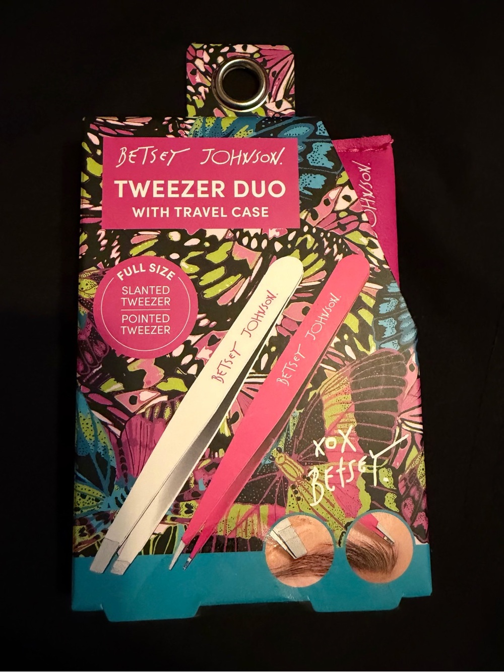 Betsey Johnson Pink & Silver White Tweezer Duo with Travel Case